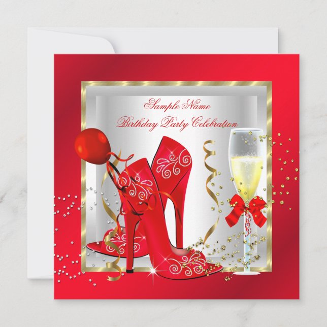 Elegante Red Gold Glitzer White Birthday Party Einladung (Vorderseite)