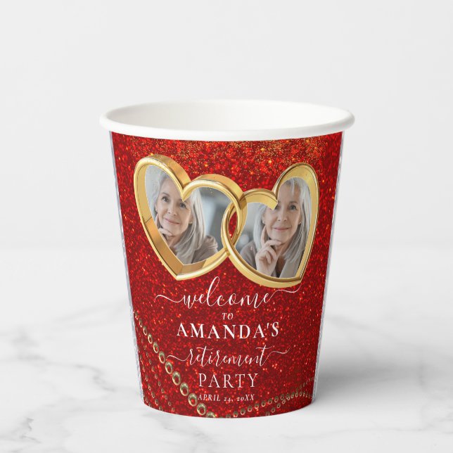Elegante Red Gold Hearts Custom Foto Retirement Pappbecher (Rückseite)