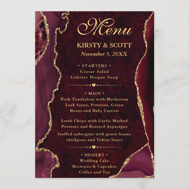 Elegante Red & Gold Imitate Glitzer Agate Wedding Menükarte (Vorderseite)