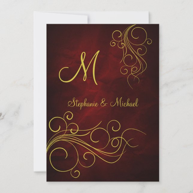 Elegante Red Gold Monogram Wedding Einladung (Vorderseite)