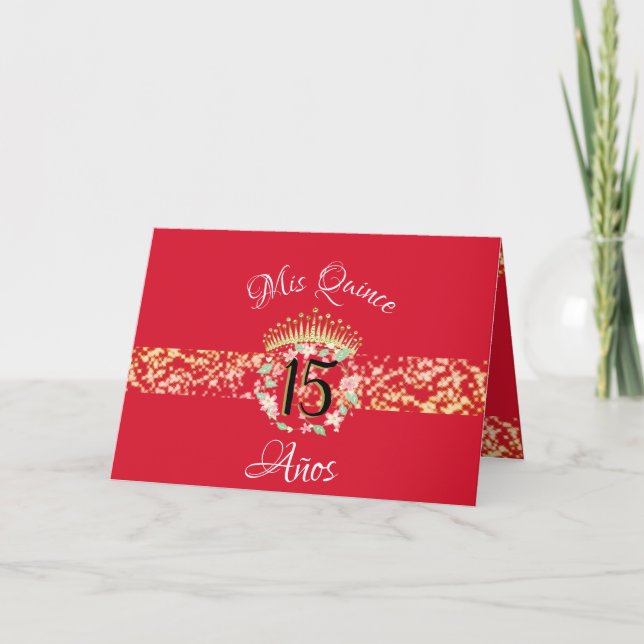 Elegante Red Gold Quinceñera Feier Spanisch Einladung (Vorderseite)