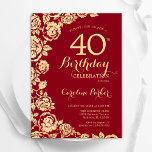 Elegante Red Gold Rose 40. Geburtstag Einladung<br><div class="desc">Rotes Gold florale 40. Geburtstag Party Einladung. Elegantes Design mit Rose,  Imitaten Goldfolie und Typografie Script Schriftart. Die trendige Einladungskarte eignet sich perfekt für eine stilvolle Damenfeier. Kann für jedes Alter angepasst werden. Gedruckte Zazzle-Einladungen oder Sofortdownload digitaler Druckvorlage.</div>