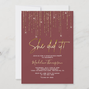 Elegante Red Gold Sparkling Sie tat es Abschluss Einladung