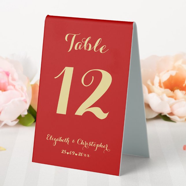 Elegante Red Gold Wedding Reception Tischnummer Tischaufsteller (Elegant Red Gold Wedding Reception Table Number Table Tent Sign)