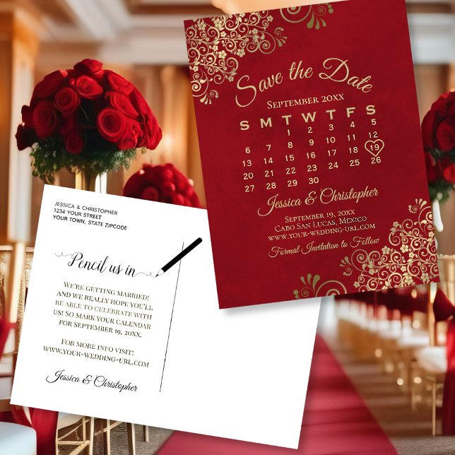 Elegante Red & Gold Wedding Save the Date Calendar Ankündigungspostkarte (Front and Back)