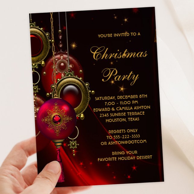 Elegante Red Gold Weihnachtsfeier Einladung (Beautiful red gold ornaments Christmas party invitation. Available for instant download and print.)