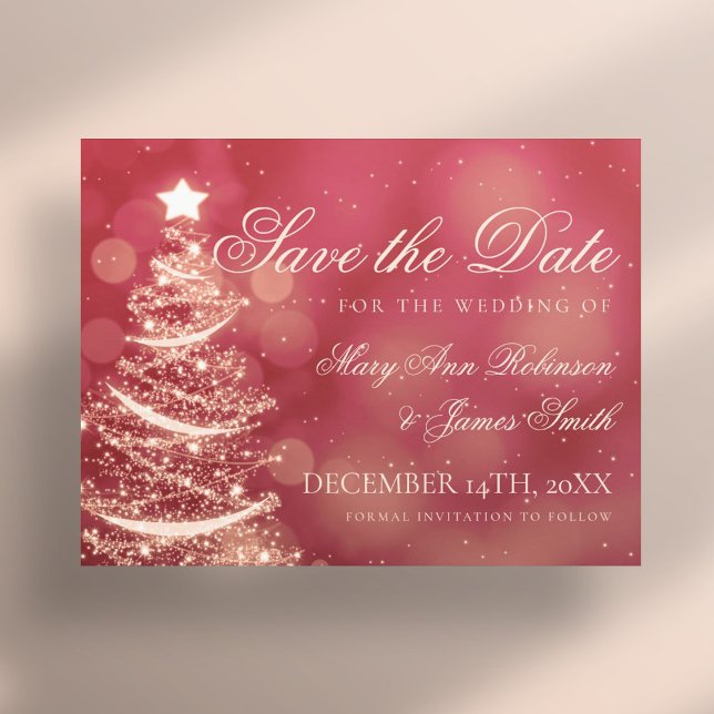 Elegante Red & Gold Weihnachtssehen retten das Dat Ankündigungspostkarte (Elegant Red & Gold Christmas Wedding Save The Date Announcement Postcard)