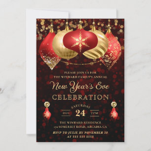 Elegante Red & Gold Winter Baubles Neujahr Einladung