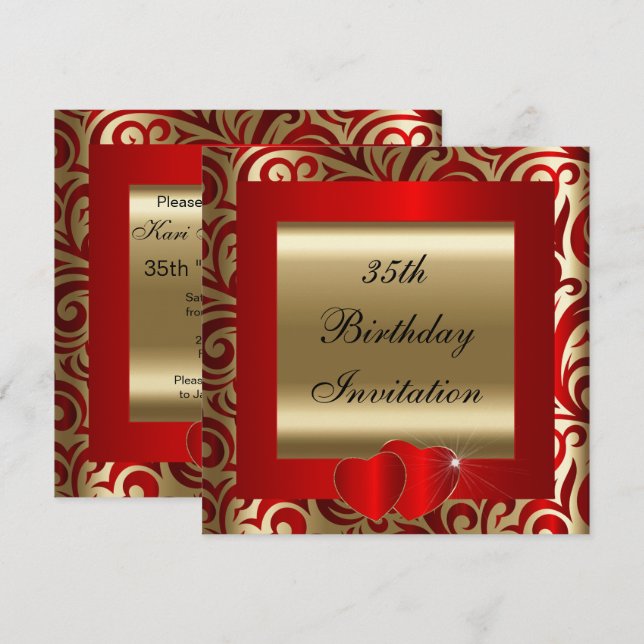 Elegante Red & Gold Wirbel Party Einladung (Vorne/Hinten)