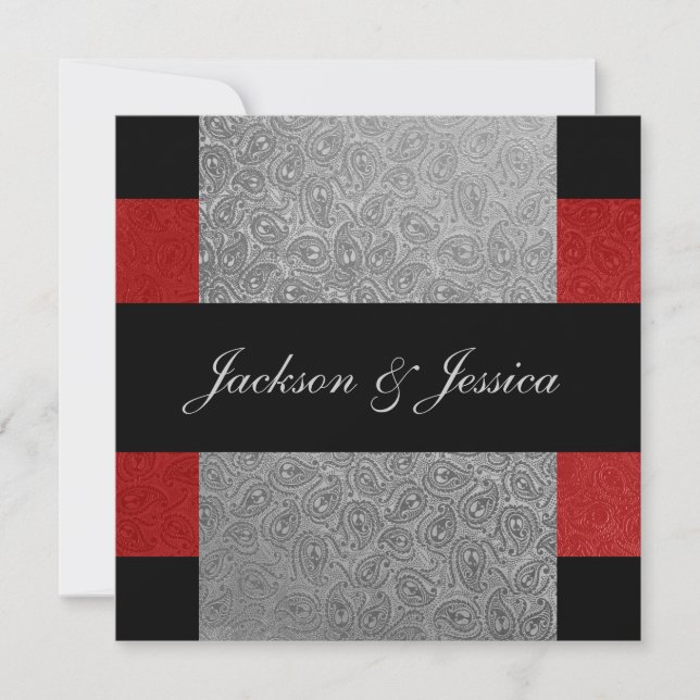 Elegante Red & Gray Paisley Engagement Party Einladung (Vorderseite)