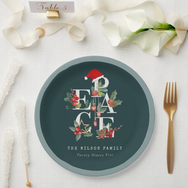 Elegante Red Green White Peace Christmas Foliage Pappteller (Hochzeit)