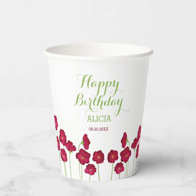 Elegante Red Growing Wildblume Geburtstagsparty Pappbecher (Rückseite)