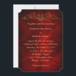 Elegante Red Holly Christmas Einladung<br><div class="desc">Das ist eine stilvolle und reichhaltige Hochzeitseinladung für die Feiertagssaison. Eine hübsche Goldrolle mit einem roten und grünen Heiligbeerzentrum schmückt den Gipfel der Einladung. Ihr eigener Text ist in Gold unter der Scrolldekoration. Die Bilder und der Text werden auf einem hellen, reich bordeauxroten Farbverlaufshintergrund platziert, der fast glänzt! Sehr elegant...</div>