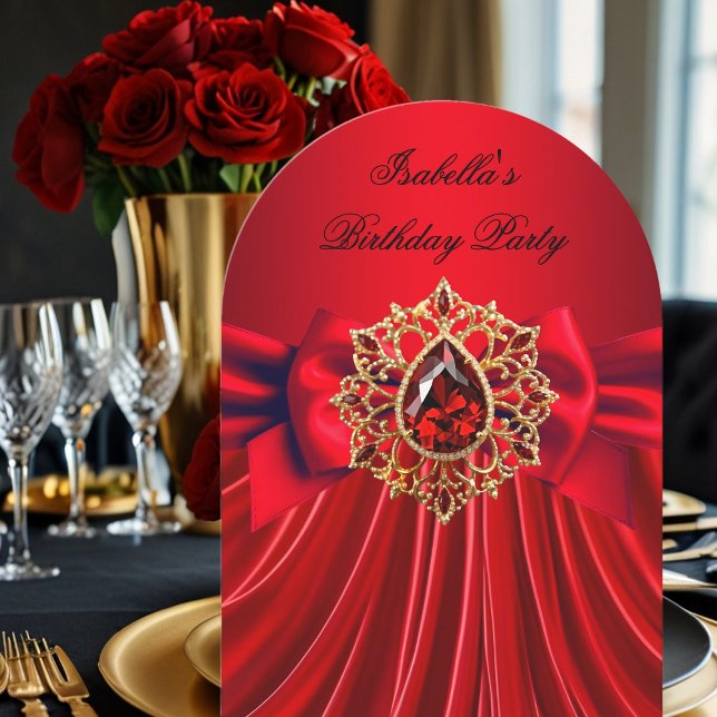 Elegante Red Jewel Red Bow Birthday Party Einladung (Von Creator hochgeladen)