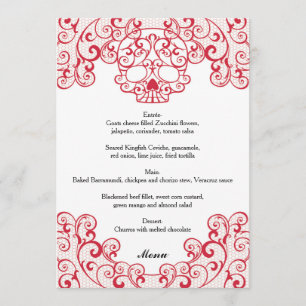 Elegante Red Lace Skull Calavera Wedding Menu Card Menükarte