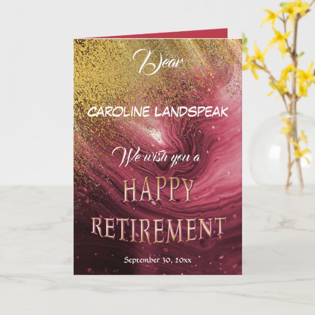 Elegante Red Marble Gold Glitzer Happy Retirement Karte (Gelbe Blume)
