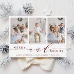 Elegante Red Merry and Bright 3 Foto Holiday Card Feiertagskarte<br><div class="desc">Einfache und elegante Urlaubsfotokarte mit weißem Schneemuster auf der Rückseite. Für eine erweiterte Anpassung dieses Designs klicken Sie bitte auf den Link Weitere anpassen,  um den Schriftart,  die Größe,  die Farbe usw. zu ändern.</div>