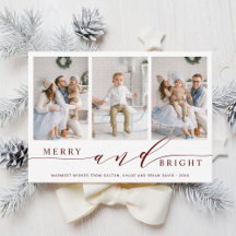 Elegante Red Merry and Bright 3 Foto Holiday Card