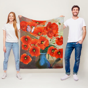 Elegante Red Orange Poppies Blume Fleecedecke