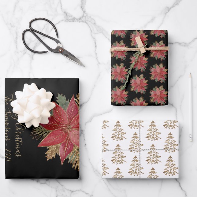 Elegante Red Poinsettia Blume Geschenkpapier Set (Vorderseite)