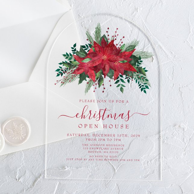 Elegante Red Poinsettia Floral Christmas Open Hous Acryleinladungen (Elegant Red Poinsettia Floral Christmas Open House Acrylic Invitations)