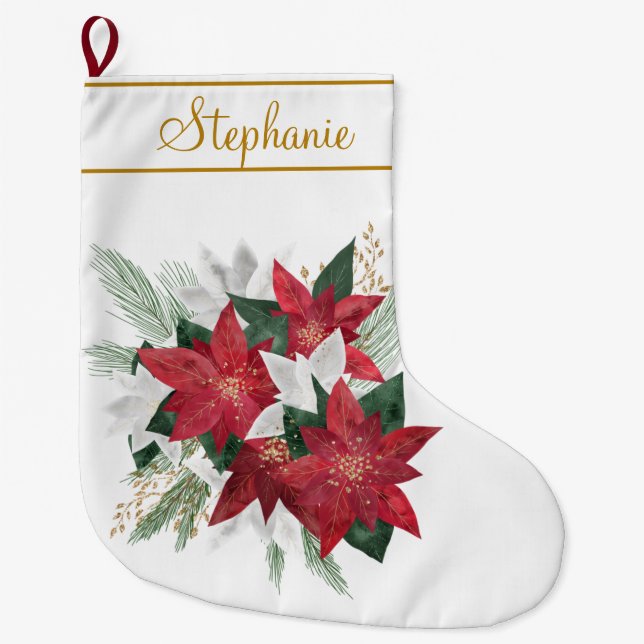 Elegante Red Poinsettia Individuelle Name Weihnach Großer Weihnachtsstrumpf (Vorderseite)