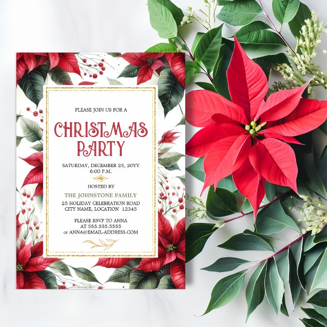 Elegante Red Poinsettia Weihnachtsfeier Einladung (Elegant red poinsettia Christmas holiday party invitation front view.)
