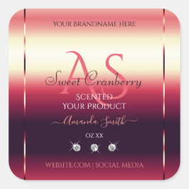 Elegante Red Product Labels Diamonds and Initials Quadratischer Aufkleber