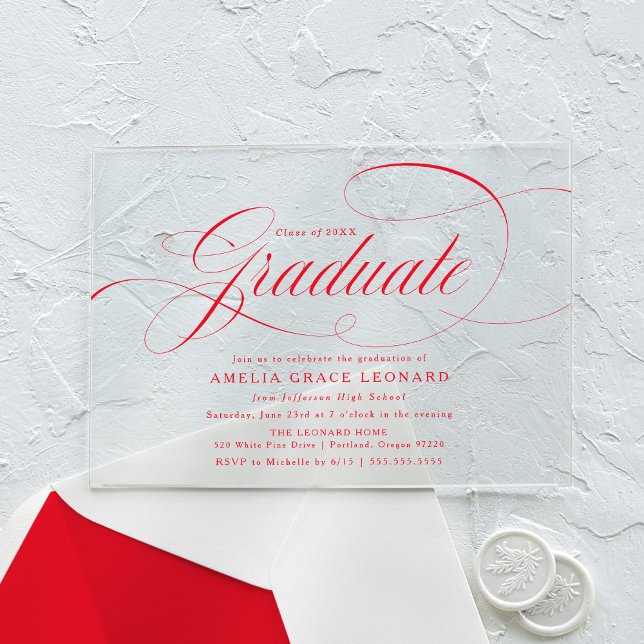 Elegante Red Script Graduation Party Acryleinladungen (Von Creator hochgeladen)