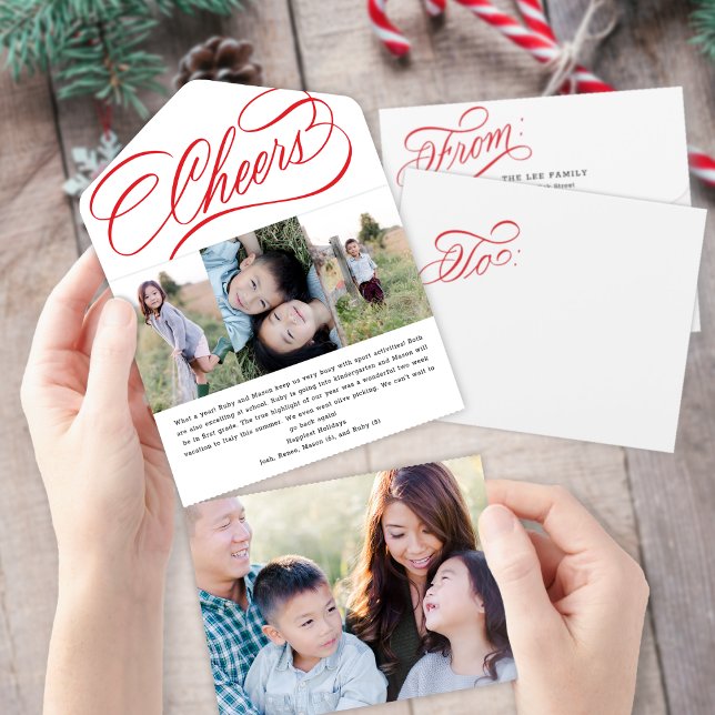 Elegante Red Script Tear Away Foto Holiday Card All In One Einladung (Von Creator hochgeladen)