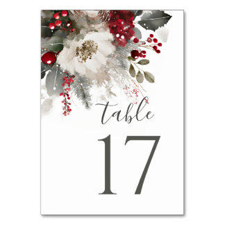 Elegante Red Silver Christmas Winter Floral Weddin Tischnummer