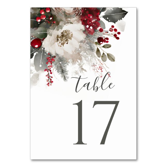 Elegante Red Silver Christmas Winter Floral Weddin Tischnummer (Vorderseite)