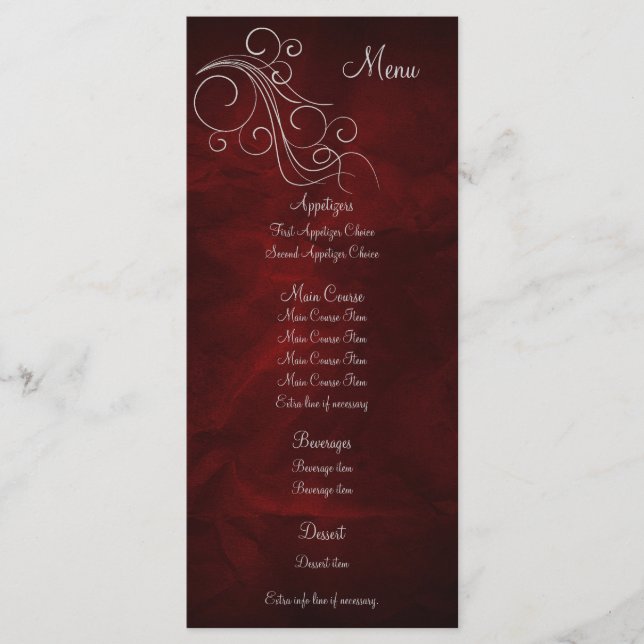 Elegante Red Silver Wedding Menu Rack Card Menükarte (Vorderseite)