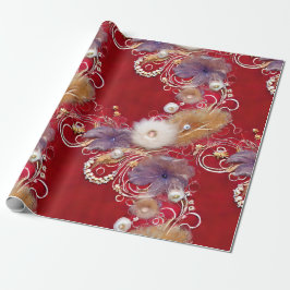 Elegante Red Silvery Golden Feathers Beaded Pearl Geschenkpapier