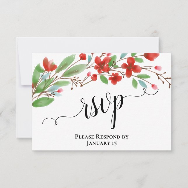 Elegante Red Watercolor Blume Hochzeit RSVP Karte (Vorderseite)