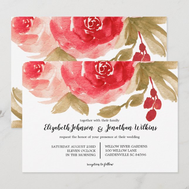 Elegante Red Watercolor Rose Hochzeit Einladung (Vorne/Hinten)
