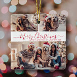 Elegante Red White 3 Foto Collage Weihnachten Keramikornament<br><div class="desc">Moderne einfache Elegante Kalligrafie Rot und Weiß 3 Foto Collage Frohe Weihnachts Script Keramik Ornament. Dieses festliche, minimalistische, skurrile Drei-Foto-Urlaubsornament verfügt über eine hübsche Gitter-Foto-Collage und sagt "Frohe Weihnachten"! Der "Frohe Weihnachten"-Text ist in einem handgeschriebenen Wirblen Schwanz-Schriftart-Skript in Rot auf weißem Hintergrund geschrieben. Auf der Rückseite ein volles Foto mit...</div>