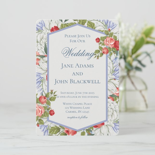 Elegante Red White and Blue Patriotic Wedding Einladung (Stehend Vorderseite)