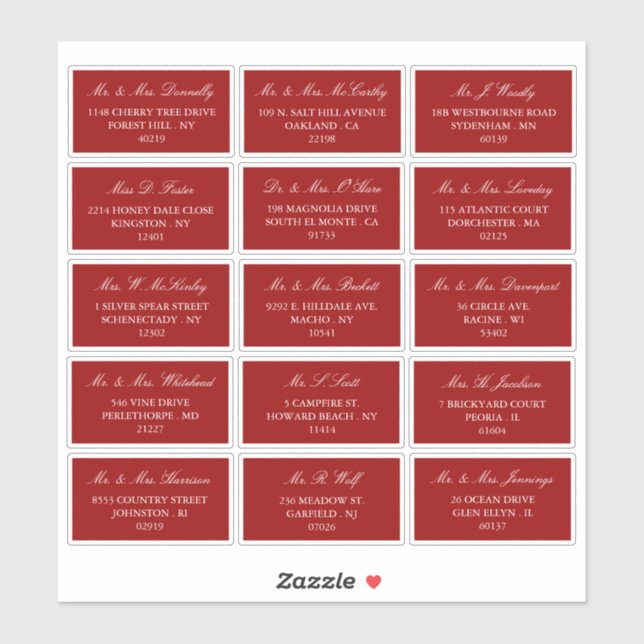 Elegante Red & White Wedding individuelle Adresse Aufkleber (Blatt)