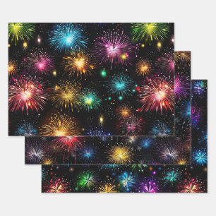 Elegante Regenbogen-Feuerwerke auf schwarzem Hinte Geschenkpapier Set