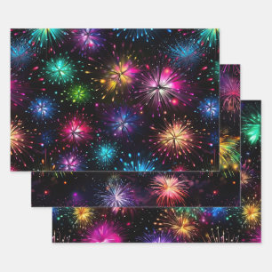 Elegante Regenbogen-Feuerwerke auf schwarzem Hinte Geschenkpapier Set
