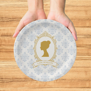 Elegante Regency-Ära Blau-Goldene Hochzeitsdusche Pappteller