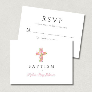 Elegante religiöse Blumenrosa Cross Girl Taufe RSVP Karte