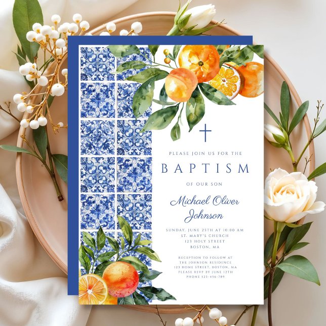 Elegante religiöse Cross Blue Tiles Taufe Einladung (Elegant Religious Cross Blue Tiles Baptism Invitation)