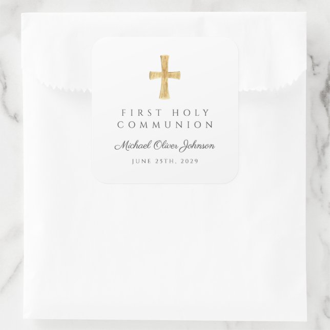 Elegante religiöse Cross Boy First Communion Quadratischer Aufkleber (Tasche)