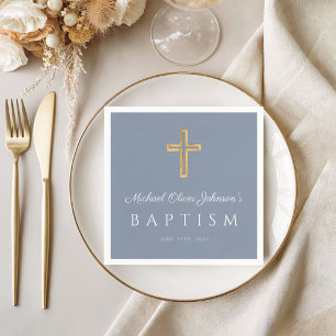 Elegante religiöse Cross Dusty Blue Boy Taufe Serviette