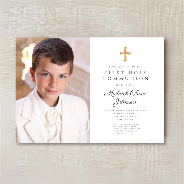 Elegante religiöse Cross Foto Boy First Communion Einladung (Elegant Religious Cross Photo Boy First Communion Invitation)