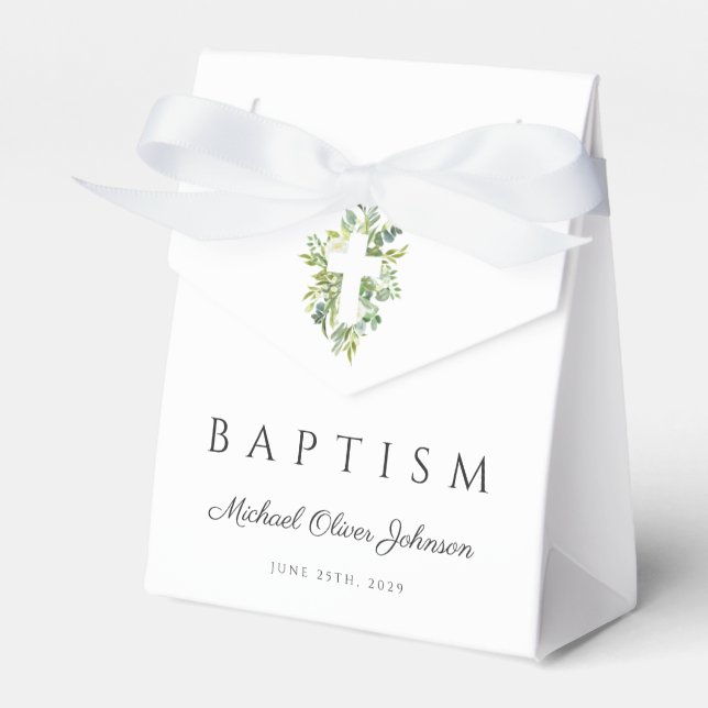 Elegante religiöse Cross Green Botanical Baptism Geschenkschachtel (Vorderseite)