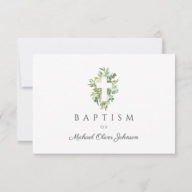 Elegante religiöse Cross Green Botanical Baptism RSVP Karte (Rückseite)