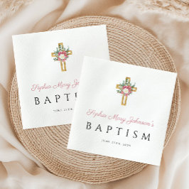 Elegante religiöse Cross Pink Floral Girl Taufe Serviette